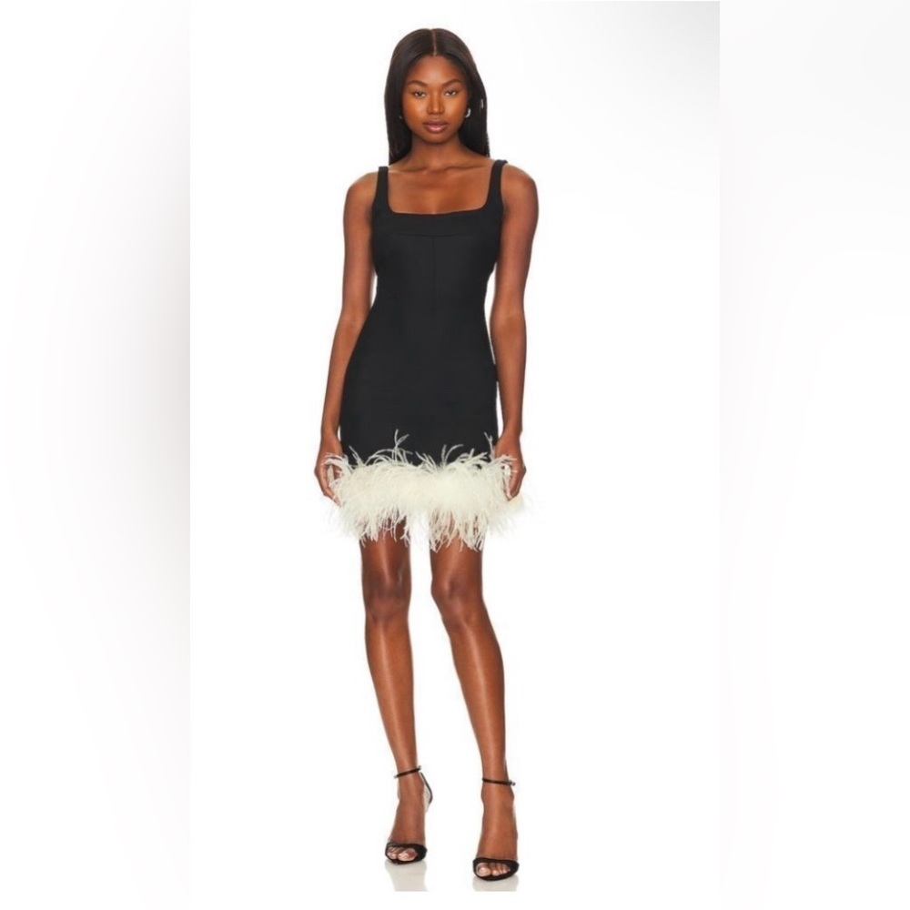 MANURI Rinna Ostrich Feather Trim Square Neck Trim Dress Black White
NWT